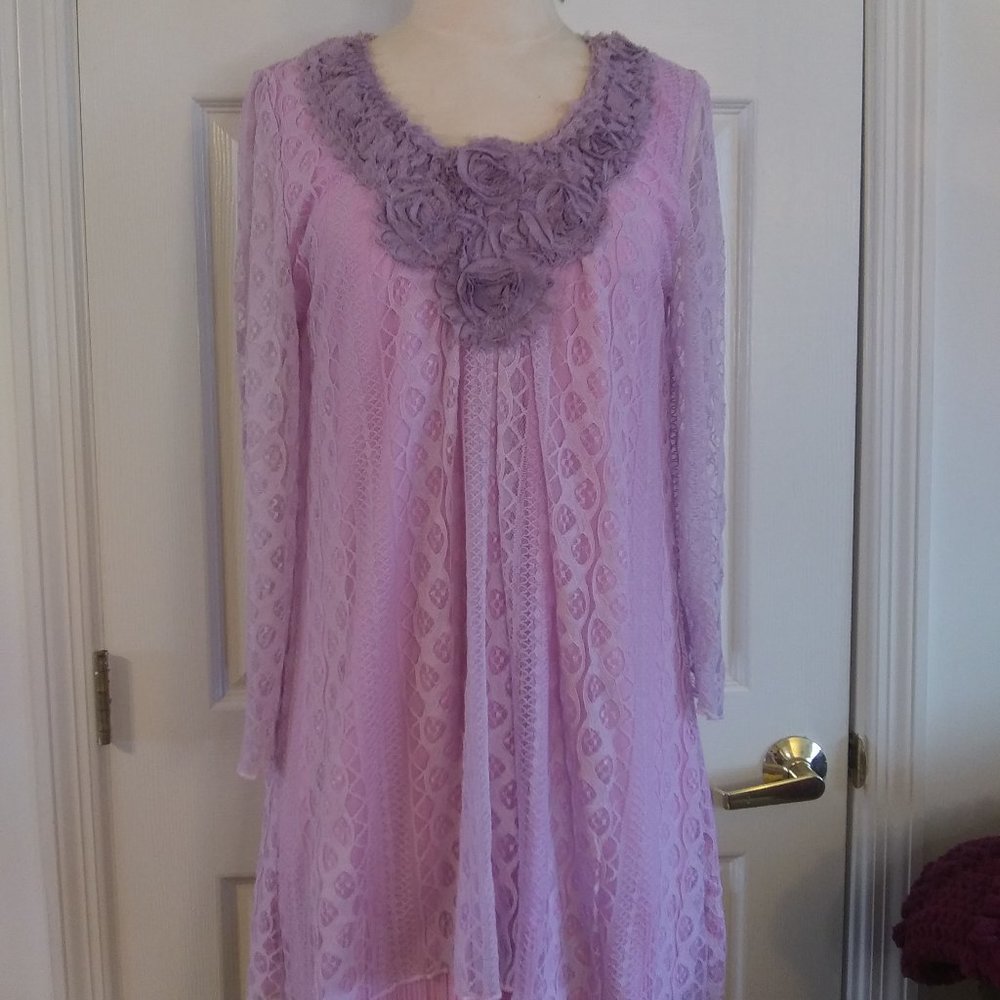 Pretty Angel | Lilac Floral Lace Tunic Shabby Chic Fabric Flowers | S | New